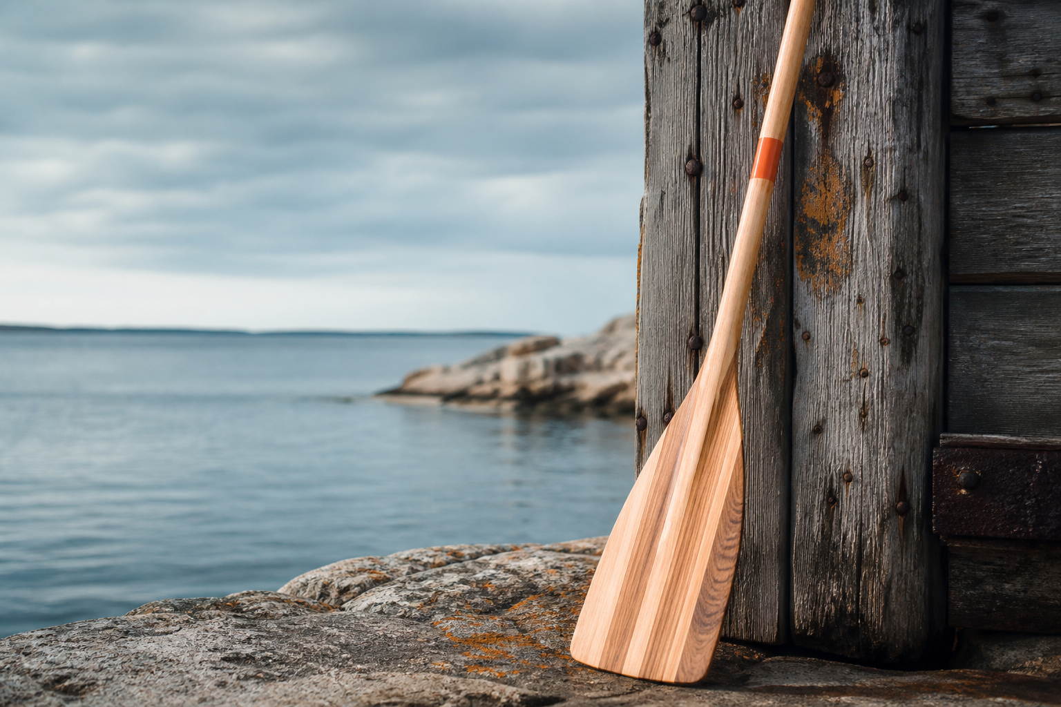 A canoe paddle resting by calm water